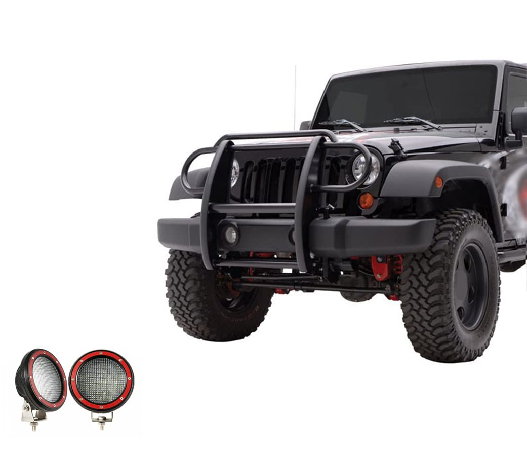 Bumper Guard Black Horse Grille Brush Modular Black Come with Pair of 5.3" Dia.LED Lights with Red Trim Rings Compatible with 2007-2017 Jeep Wrangler-17JPWRMA-PLFR