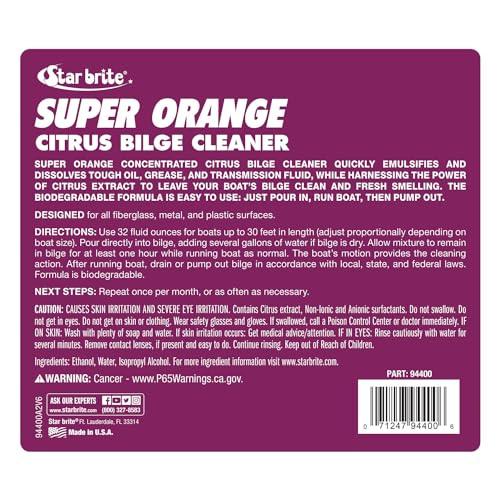 Super Orange Citrus Bilge Cleaner STAR BRITE - Easy & Simple to Use - Pour In, Run Boat, Pump Out - Emulsifies Oil & Fuel - 1 Gal (094400)