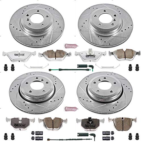 Power Stop K5728-26 Z26 Carbon Fiber Brake Pads Front and Rear with Drilled & Slotted Brake Rotors Kit and 1 Front & 1 Rear Sensor Wires For BMW 330Ci, BMW 330i, BMW 330xi [Model Specific]