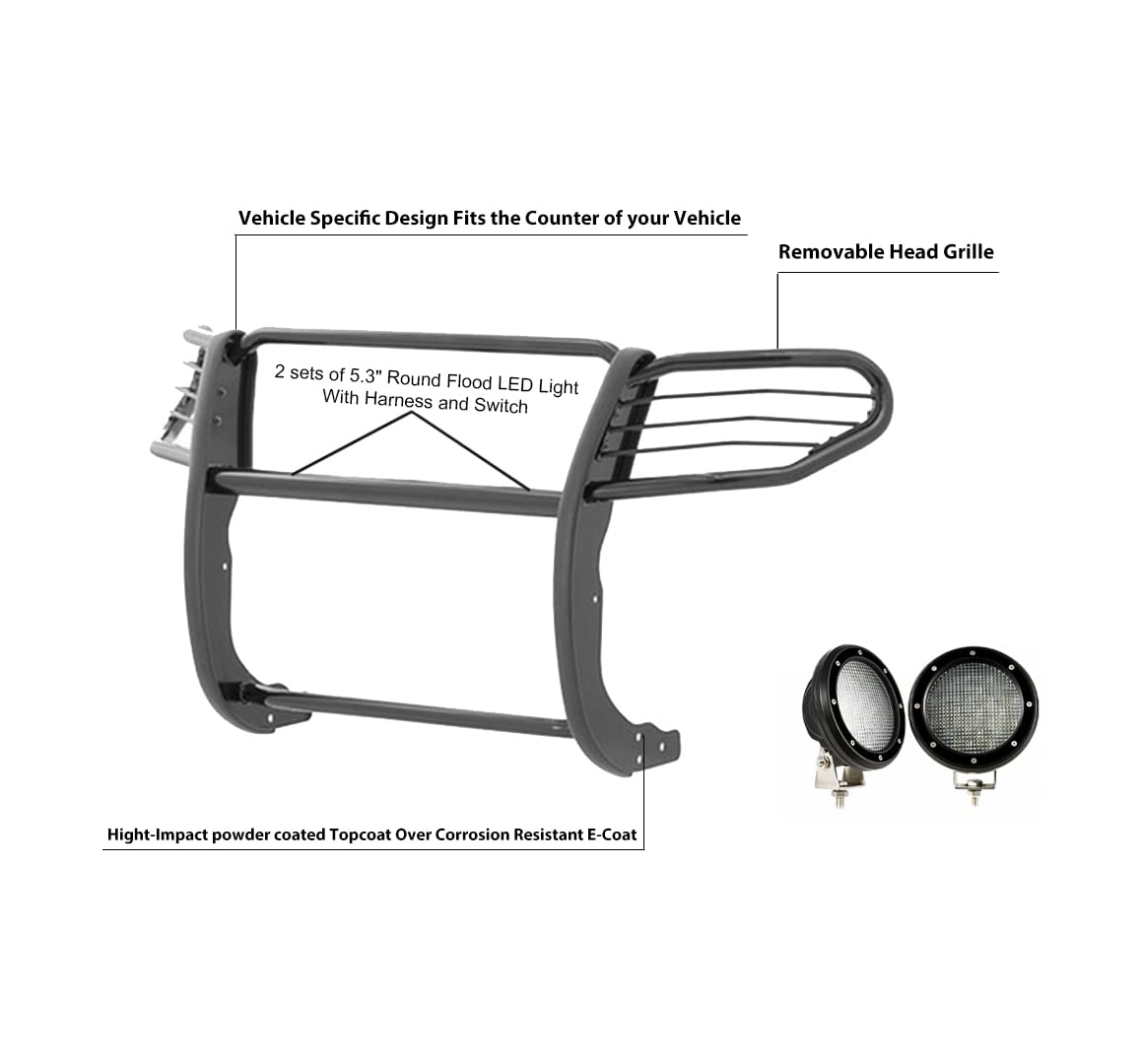 Bumper Guard Black Horse Grille brush Modular Come with Pair of 5.3" Dia.LED Lights with Black Trim Rings Compatible with 2011-2015 Ford Explorer-17FJ28MA-PLFB