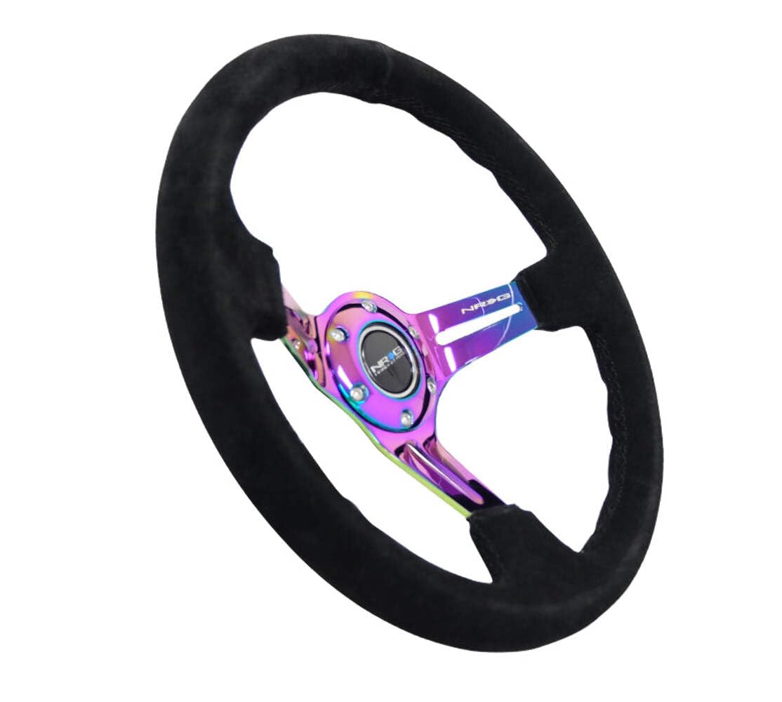 NRG Innovations Reinforced NRG-RST-018S-MCBS Steering Wheel 350mm 75mm Deep Sport Steering Wheel Suede (3" Deep) Black Stitch With Slits In Neochrome Double Riveted Spokes