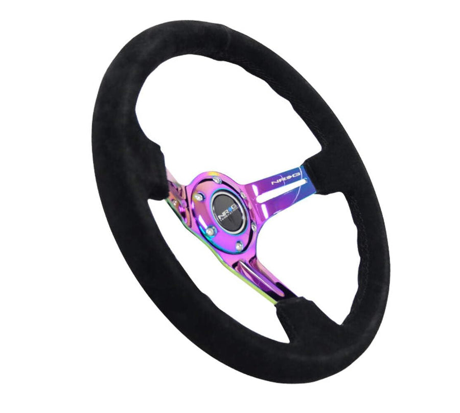 NRG Innovations Reinforced NRG-RST-018S-MCBS Steering Wheel 350mm 75mm Deep Sport Steering Wheel Suede (3" Deep) Black Stitch With Slits In Neochrome Double Riveted Spokes