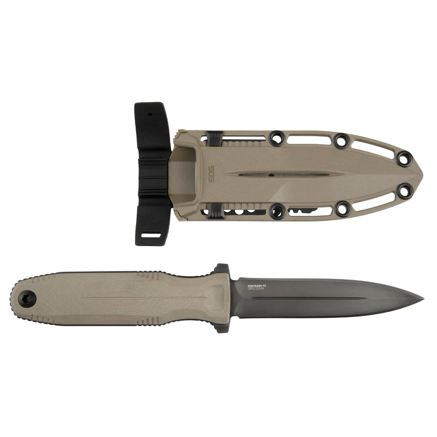 SOG Pentagon FX Full-Sized Professional Hard-Use Fixed Blade Knife for Tactical Needs | CYRO S35VN Full-Tang Steel Blade, FDE