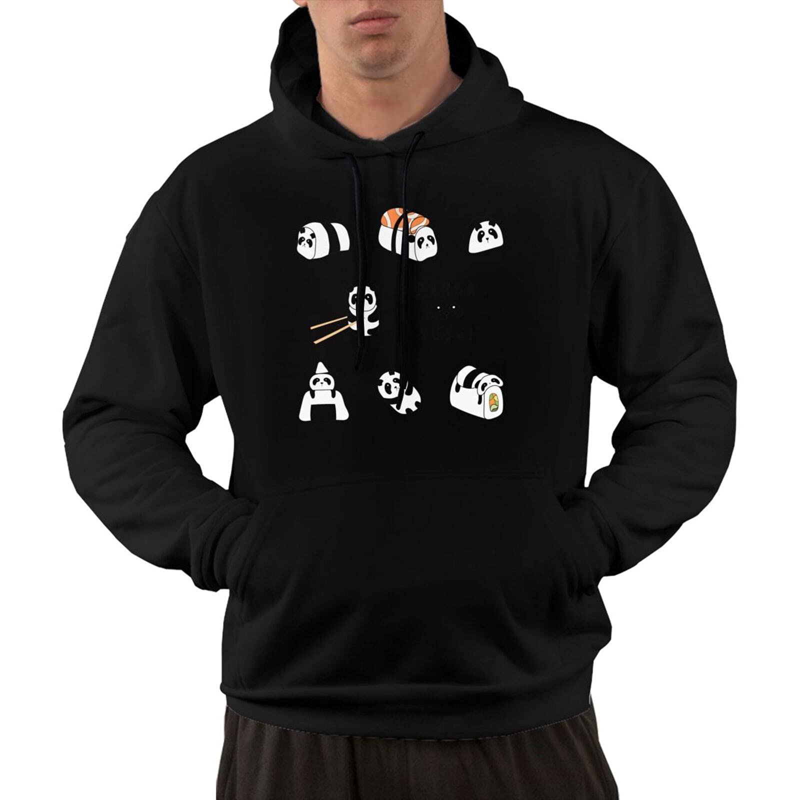 Sushi Panda Banzie Personalized 3D Printing Cartoon Hoodie Fleece Round Tie Pocket Pullover Sweater Fall Winter Pullover Thickening, Black, Small