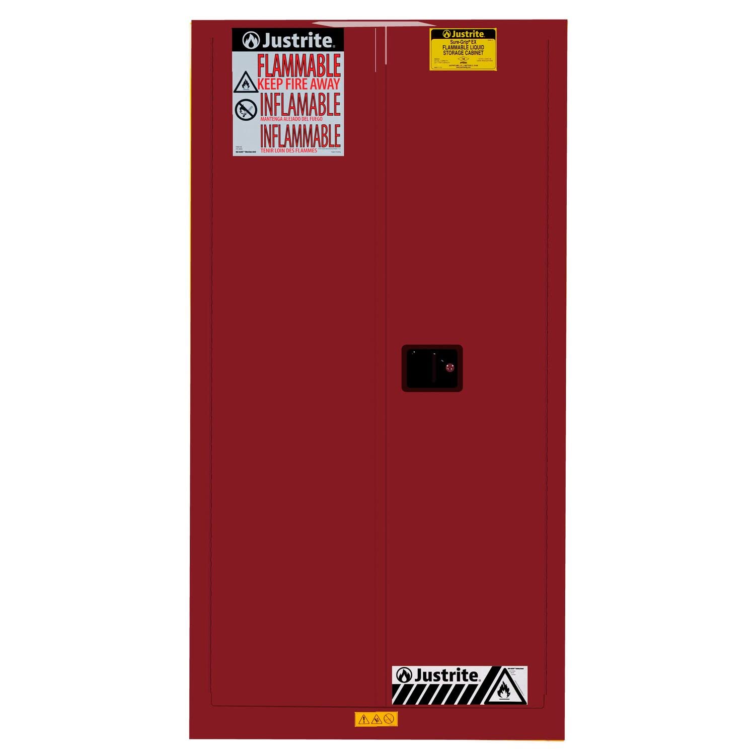 Justrite 2 Door Steel Self Close Vertical Drum Flammables Storage Cabinet with Drum Support, 55 Gallon Capacity, 34" Width x 65" Height x 34" Depth, 1 Shelf, Made in The USA, Red, 896221