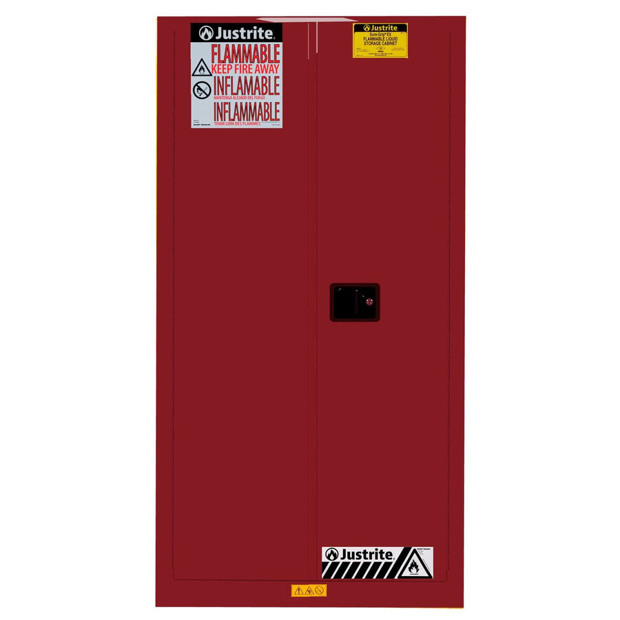 Justrite 2 Door Steel Self Close Vertical Drum Flammables Storage Cabinet with Drum Support, 55 Gallon Capacity, 34" Width x 65" Height x 34" Depth, 1 Shelf, Made in The USA, Red, 896221