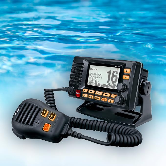 Marine VHF Radio Uniden UM725BK, All USA, Canada, and Int'l. Marine Channels, 1Watt/25Watt Transmit Power, Largest LCD Screen in Class, NOAA Weather Channels w/Alerts, Speaker Mic, IPX8 Waterproof