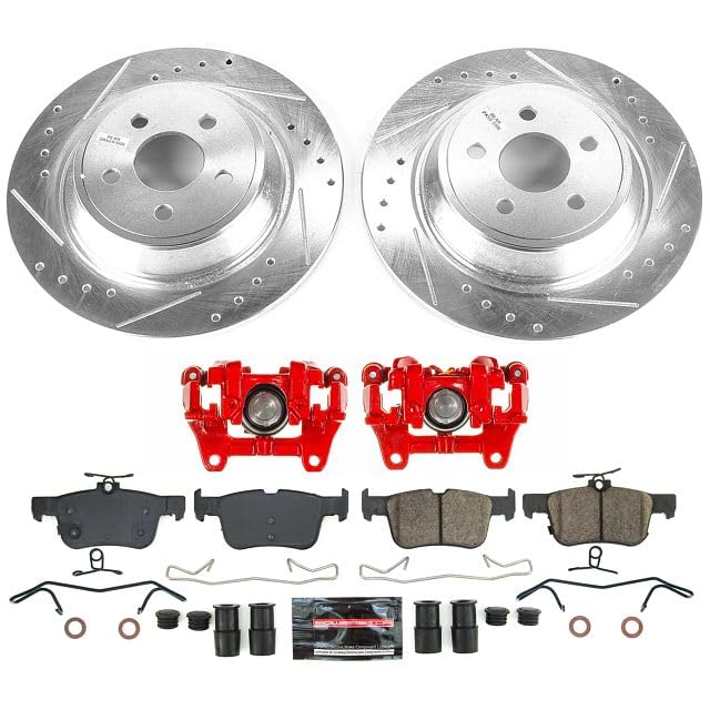 Rear Brake Kit Power Stop For Ford Edge 2015-2021, SSV Plug - In Hybrid 2019-2020, Nautilus 2019-2022 [Model Specific] Z23 Brake Pads and Rotors with Red Powder Coated Calipers KC7417A