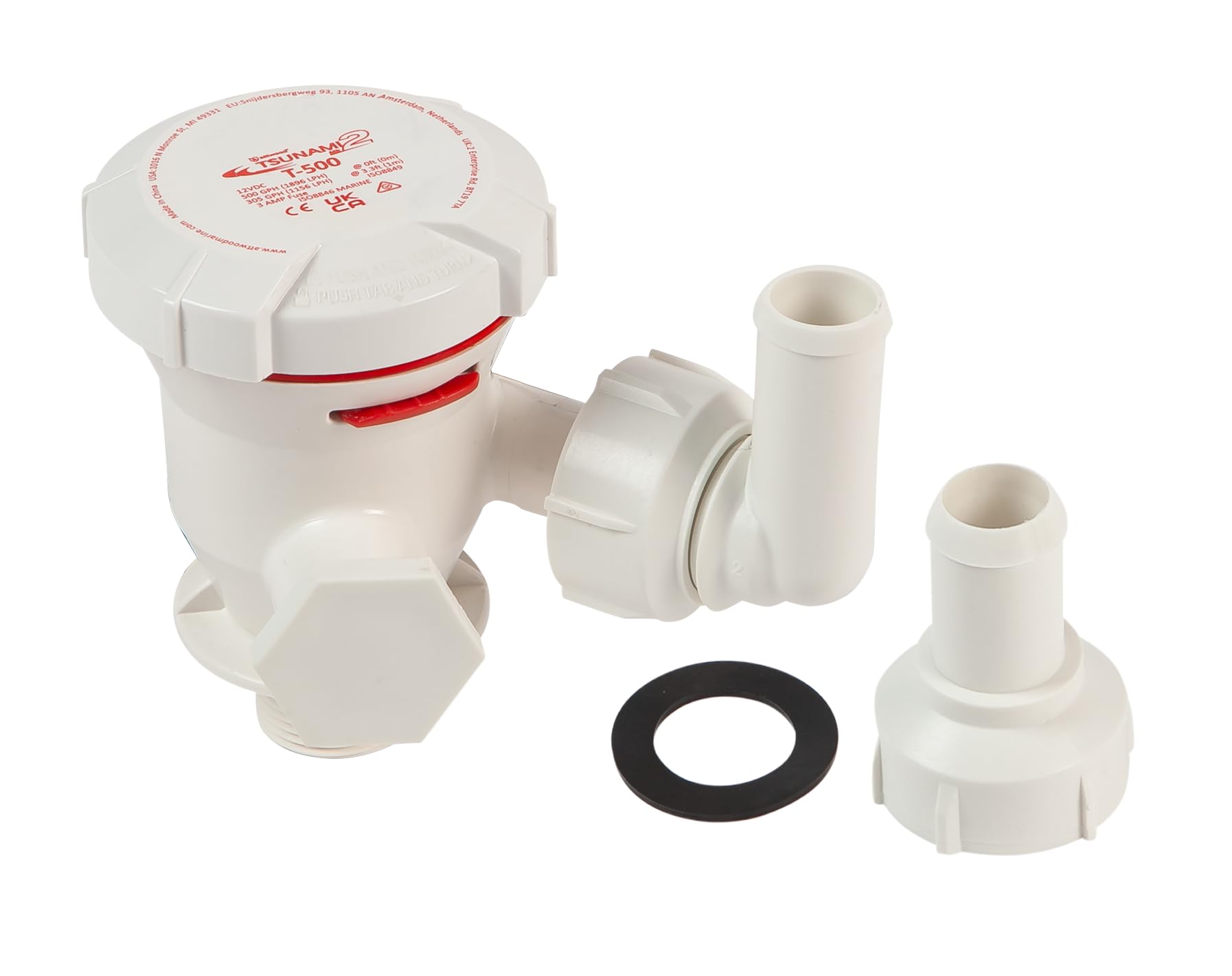 Tsunami Mk2 Aerator Pump Attwood 5643-4 T500, 12V, 500 GPH, Seacock with Fittings (Elbow & Straight), Direct Replacement for Attwood 4643-7