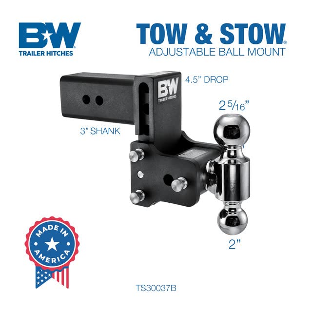 B&W Tow & Stow Adjustable Trailer Hitch Ball Mount - Fits 3" Receiver, Dual Ball (2" x 2-5/16"), 4.5" Drop, 21,000 GTW - TS30037B