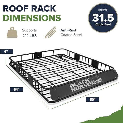64"x50" x6 Black Horse Outdoor Voyager Roof Top Cargo Basket, Heavy Duty Weather Resistant Luggage & Camping Gear Storage for Car, Truck or SUV Transport, 200 lbs Capacity - BHODBA6450