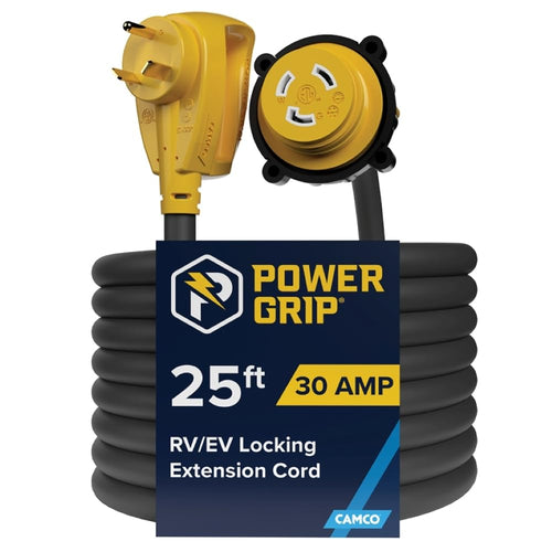 Power Grip Camco 25-Ft 30 Amp RV Extension Cord w/Locking End - Rated for 125V / 3,750W - Features Threaded Locking Ring for Weatherproof Connection & RV Power Cord 90° Head (55501)