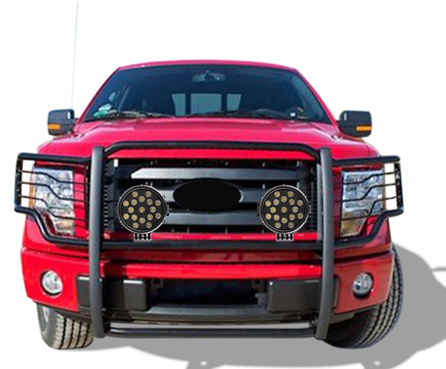 Grille Brush Black Horse Bumper Guard Modular Black Come with Pair of 7.0" Dia.LED Lights with Black Trim Rings Compatible with 2009-2014 Ford F-150-17FP30MA-PLB