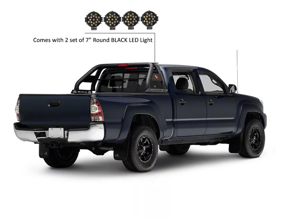 Classic Black Horse Roll Bar incl. Pair of 7.0" Dia. LED Lights w/Black Trim Rings Compatible with 2005-2024 Toyota Tacoma-RB006BK-PLB