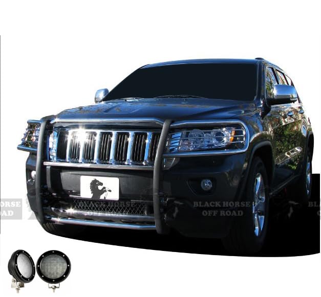 Grille Brush Black Horse Bumper Guard Modular Stainless Steel Come with Pair of 5.3" Dia.LED Lights with Black Trim Rings Compatible with 2011-2021 Jeep Grand Cherokee-17A080202MSS-PLFB