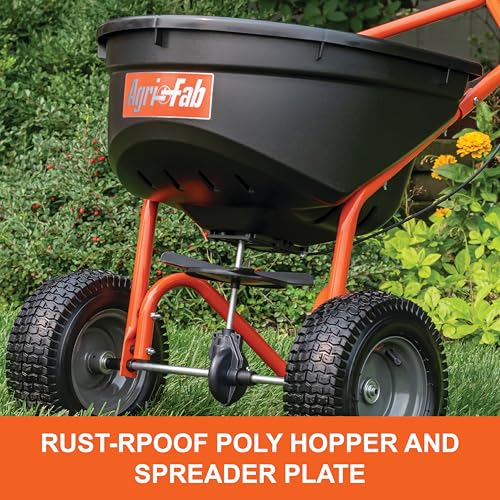Agri-Fab 110lb Capacity Push Lawn Broadcast Spreader, 45-0576 Approximately Coverage of 1/3rd Acre (17,500 sq. ft.), 10-Ft Spread Width, Enclosed Gear Box, 12-Inch x 4-Inch Pneumatic Tires