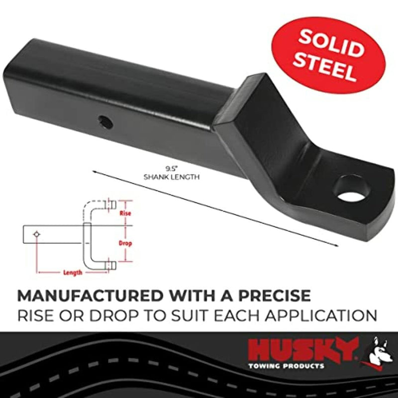Husky 33004 Towing Class V Trailer Hitch Ball Mount Fits 2-1/2 Inch Receiver 2-1/2 Inch Drop 1 Inch Rise 9-1/2 Inch Shank 1-1/4 Inch Hitch Ball Hole Black Powder Coated Steel Without Ball