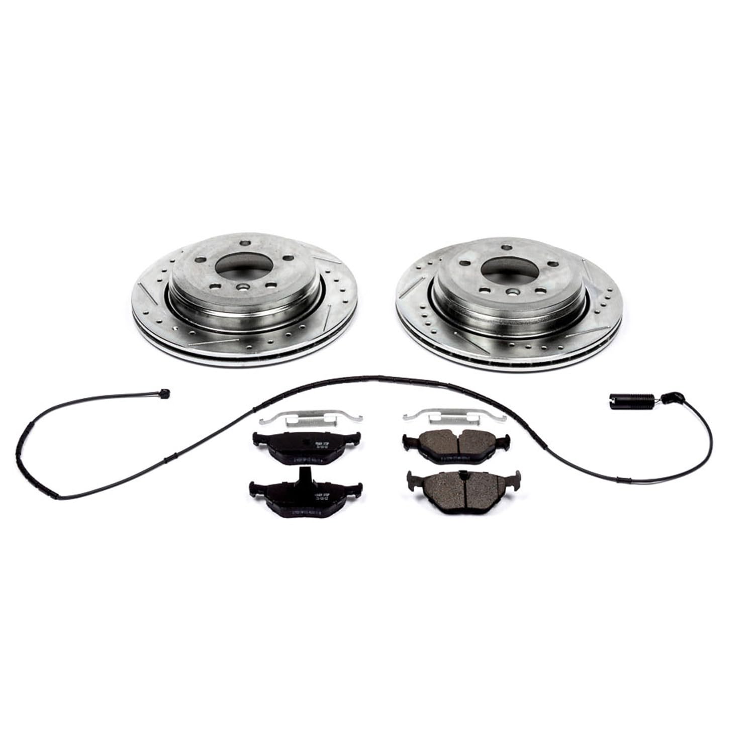 Rear Power Stop K2970 Z23 Carbon Fiber Brake Pads with Drilled & Slotted Brake Rotors Kit and 1 Rear Sensor Wire For BMW 325xi 2001-2005 [Model Specific]