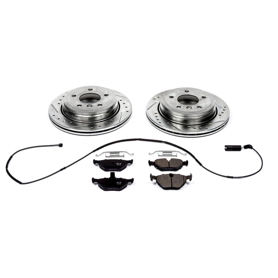 Rear Power Stop K2970 Z23 Carbon Fiber Brake Pads with Drilled & Slotted Brake Rotors Kit and 1 Rear Sensor Wire For BMW 325xi 2001-2005 [Model Specific]