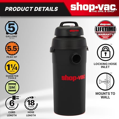 5 Gallon Shop-Vac 9522205 5.5 Peak HP Hangup Wet/Dry Vacuum, 1.25 Inch Diameter x 18 Foot Hose, 6 Foot Cord, Wall Mount Included, Ideal for Garage, Workshop & Home