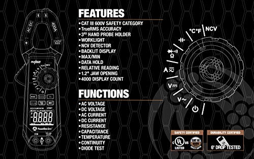 Clamp Meter Southwire - True RMS Accuracy for Precise AC/DC Measurement - Built-In Voltage Tester - Third-Hand Probe Holder - CAT III 600V Safety Rated