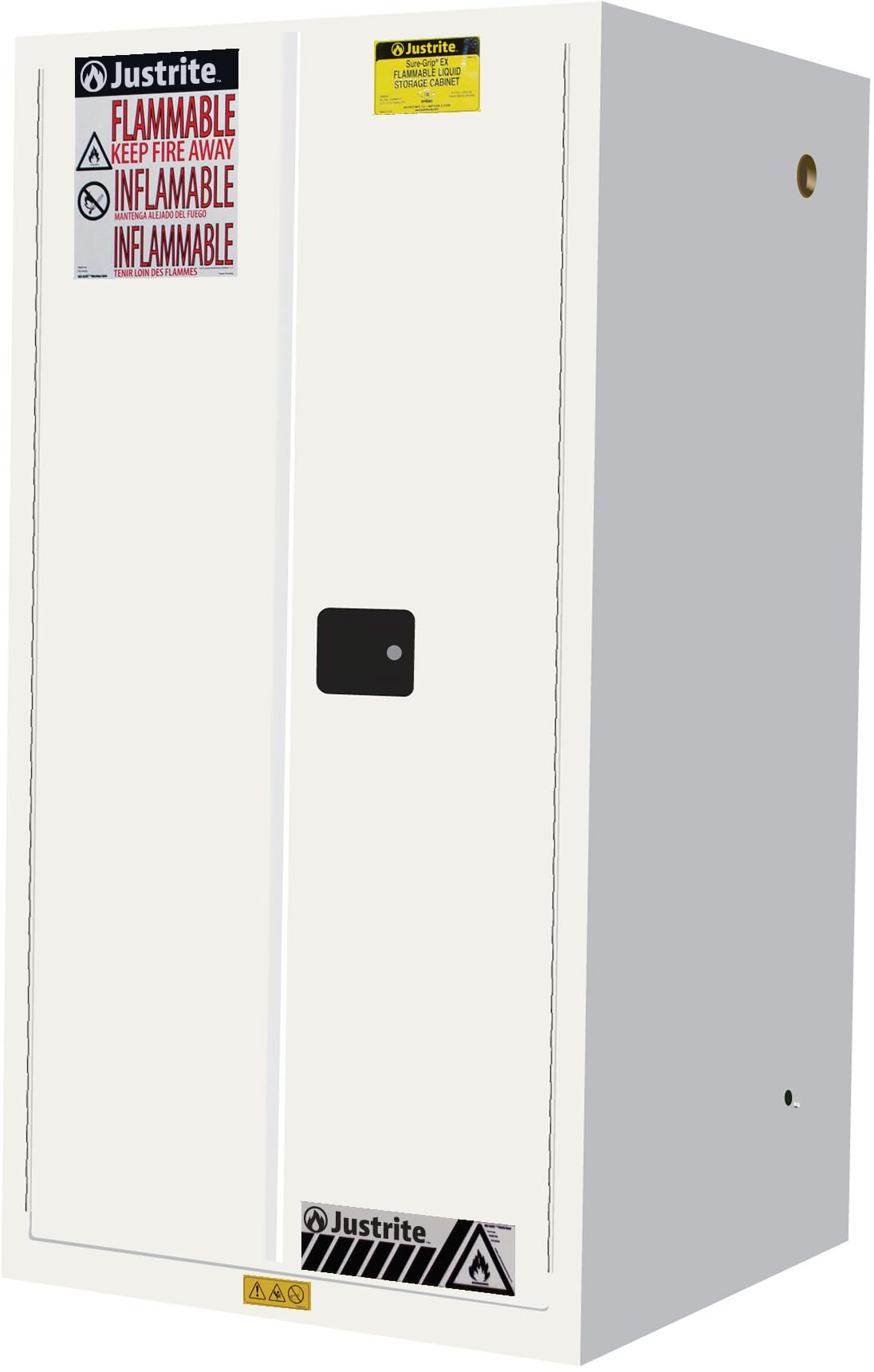 Justrite 60 Gallon Flammable Storage Cabinet Manual Close, 18 Gauge Steel, 2 Shelves, 2 Door Fire Cabinet, 65" x 34" x 34", Made in The USA, White, 896005