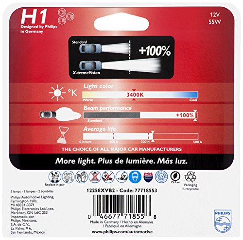 Philips H1 Automotive Lighting X-tremeVision Upgrade Headlight Bulb with up to 100% More Vision, 2 Pack (12258XVB2)