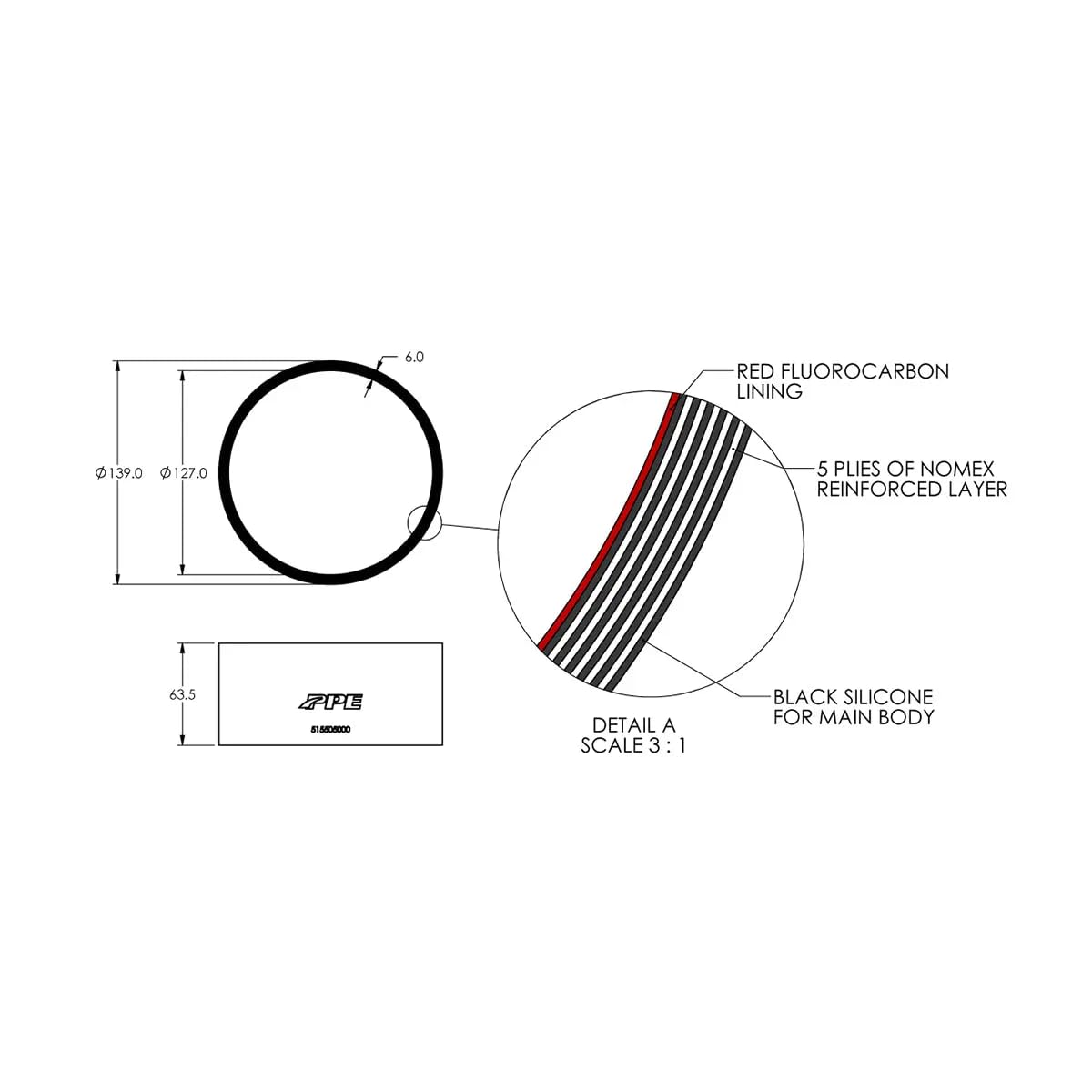 5.0" ID PPE x 2.5" L 5mm 4-ply Performance Silicone for Custom Applications 515505000