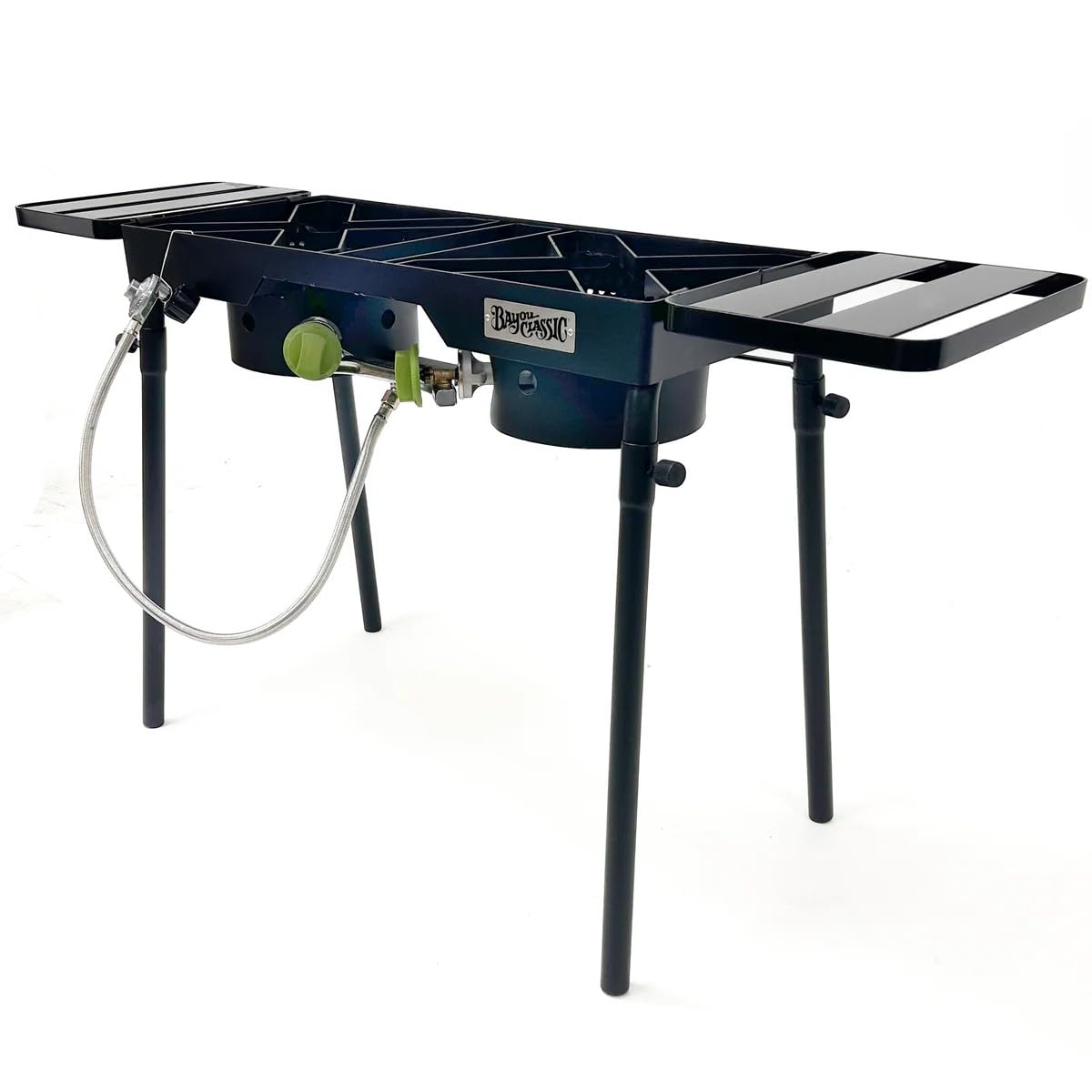 Bayou Classic DB375 Outdoor Patio Dual Burner Stove Features 13-in Tall Welded Steel Frame Dual 6-in Burners Dual 36-in Stainless Braided Hoses Designed for Large Pots up to 62-qt Capacity