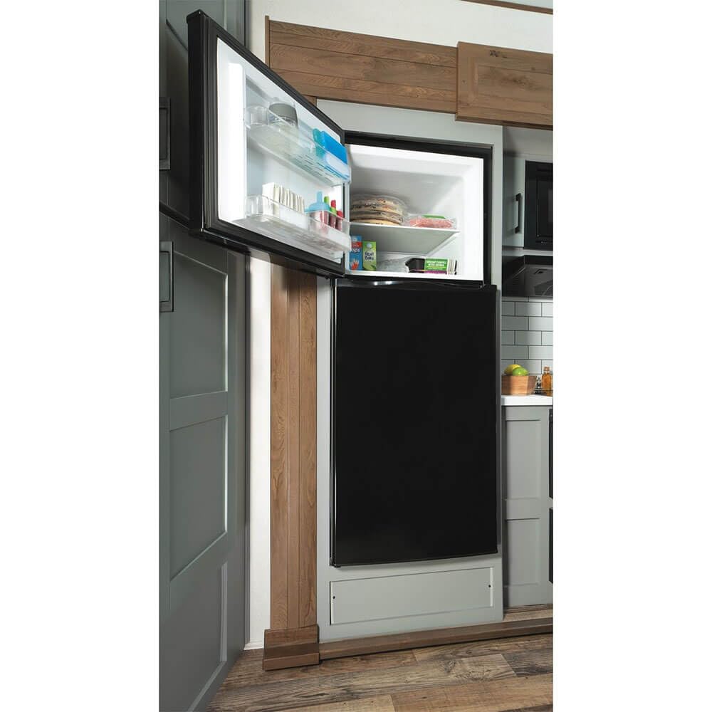 24" GE GPV10FGNBB Top Freezer Refrigerator with 9.93 cu. ft. Capacity 12V DC Power Only LED Lighting and Adjustable Spillproof Glass Shelves in Black