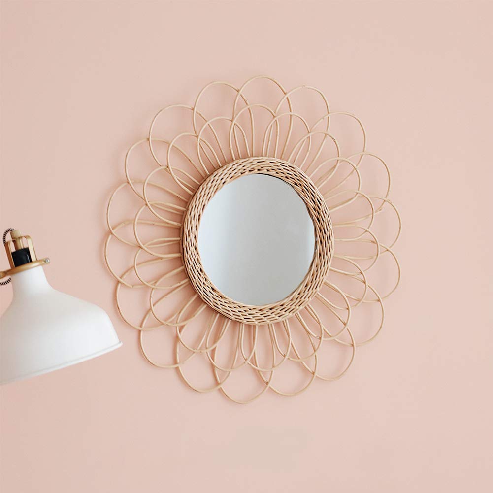 Rattan Wall Hanging Alicer Decoration Mirror Nordic Style Bathroom Sun Shape Mirror Makeup for Home, Living Room, Bathroom