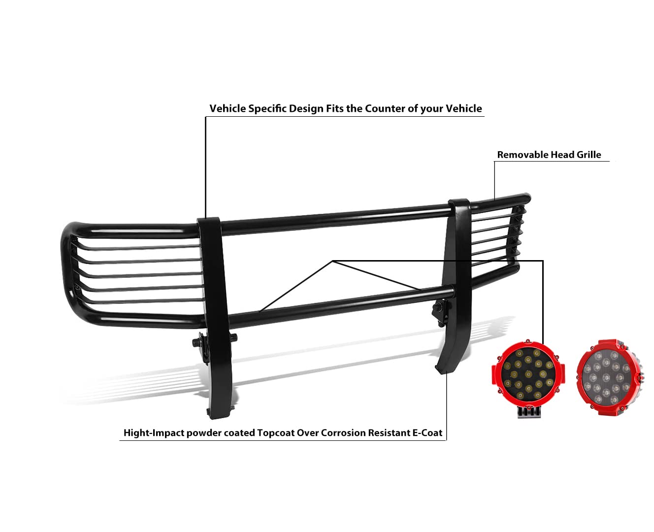 Bumper Guard Modular Black Black Horse Grille Come With pair of 7.0"Dia.LED Lights with Red Trim Rings Compatible with 2003-2010 Mercedes-Benz G55 AMG|1999-2010 Mercedes-Benz G500-PGBZA008A-PLR