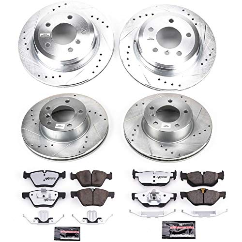 Power Stop K4102-26 Z26 Carbon Fiber Brake Pads Front and Rear with Drilled & Slotted Brake Rotors Kit and 1 Front & 1 Rear Sensor Wires For BMW 328xi 2007 [Model Specific]