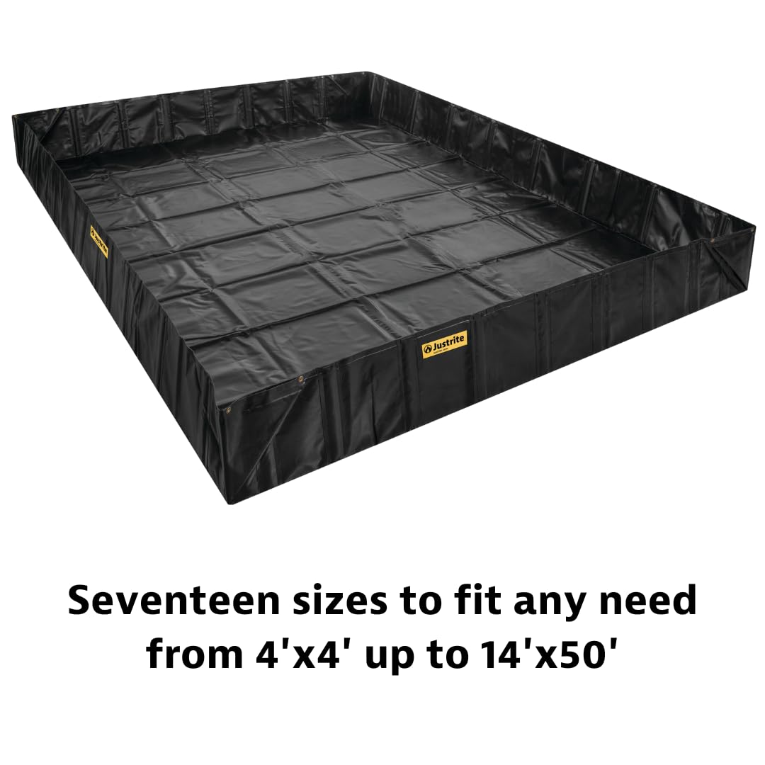 Justrite QuickBerm® Angle Bracket, 6' x 8' x 12" Large Oil Spill Containment Berm, 358 Gallon Spill Capacity, PVC Coated Fabric, Made in The USA, Black, 28069