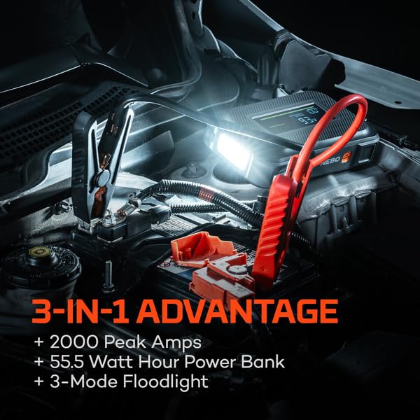 Assist 2000XP NEBO Jump Starter | 2000 Amps, 55.5Wh Power Supply, Multi-Device Charging, and Integrated Floodlight, USB Compatible, Portable Battery, Automotive, Emergency, Spark-Proof Safety
