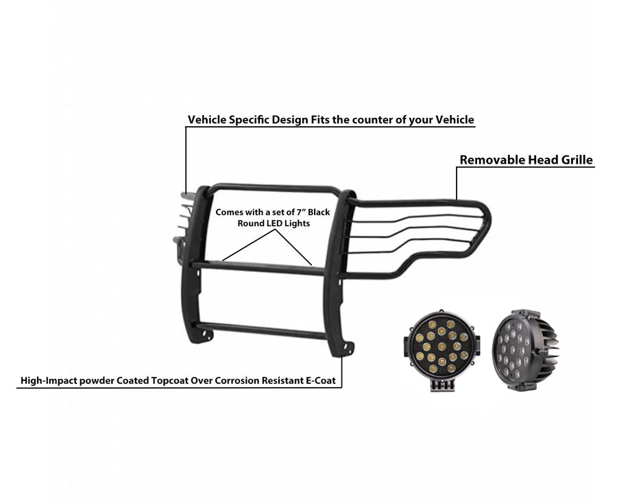 Grille Brush Black Horse Bumper Guard Modular Black Come with Pair of 7.0" Dia.LED Lights with Black Trim Rings Compatible with 2009-2014 Ford F-150-17FP30MA-PLB