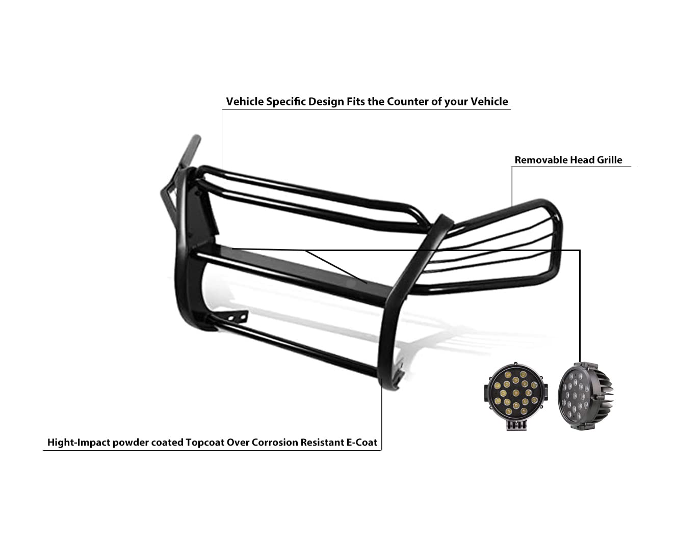 Grille Brush Black Horse Bumper Guard Modular Come with Pair of 7.0" Dia.LED Lights with Black Trim Rings Compatible with 1997-2001 Honda CR-V-PG24001MA-PLB