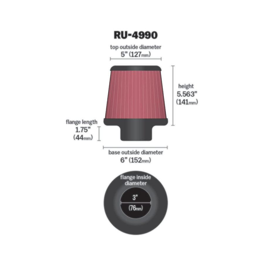 K&N Original High-Flow Lifetime Universal Clamp-On Air Filter: Performance, Premium, Washable: Flange Diameter: 3 In, Filter Height: 5.5625 In, Flange Length: 1.75 In, Shape: Round Tapered, RU-4990