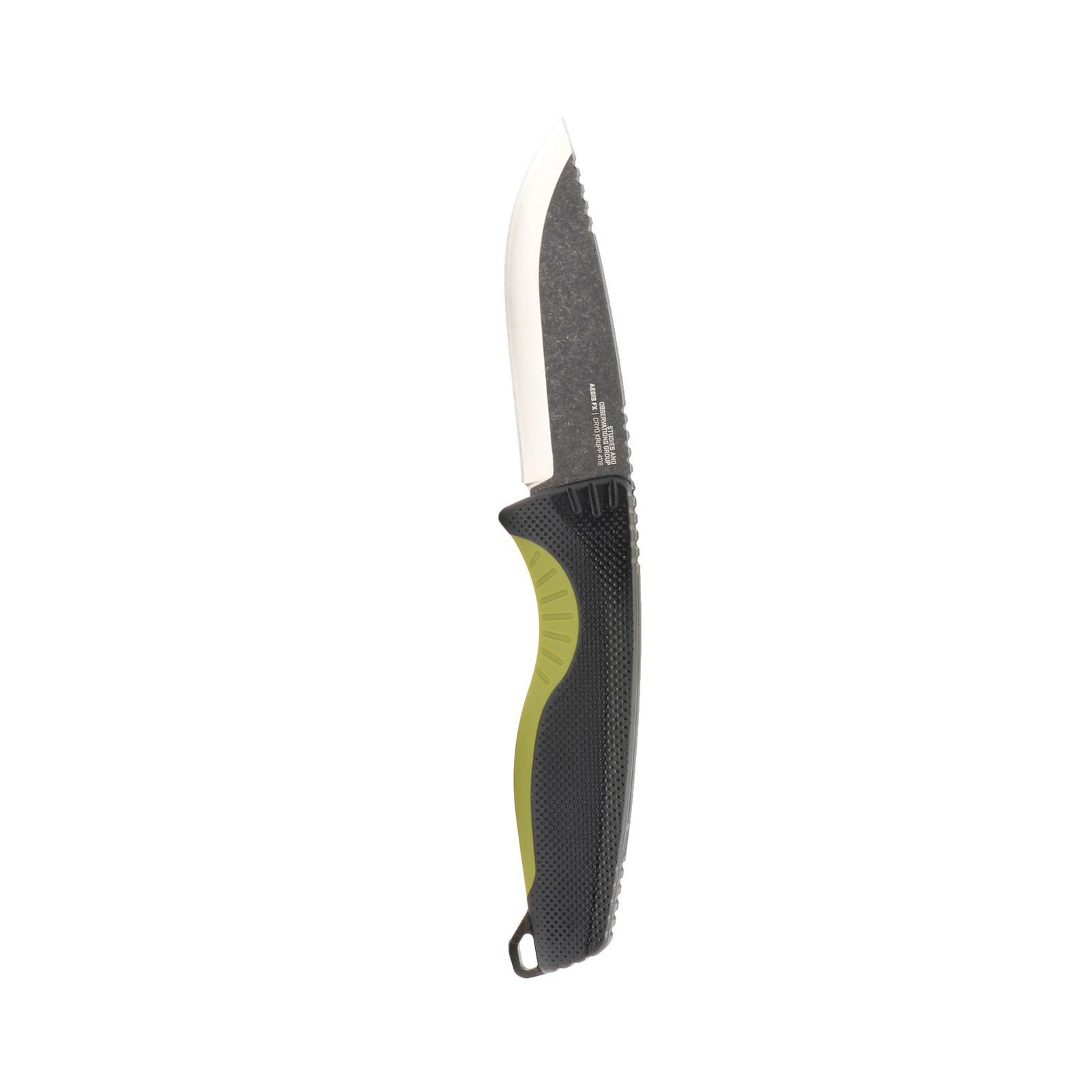 SOG Aegis FX Outdoor Survival Corrosion-Resistant Fixed Blade Knife | CRYO 4116 Krupps Steel | GRN Rubber Handle | UMS Sheath, Black/Moss Green