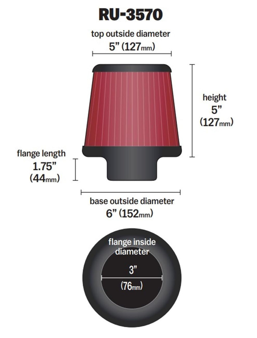 High-Flow K&N Original Lifetime Universal Clamp-On Air Filter: High Performance, Premium, Washable: Flange Diameter: 3 In, Filter Height: 5 In, Flange Length: 1.75 In, Shape: Round Tapered, RU-3570