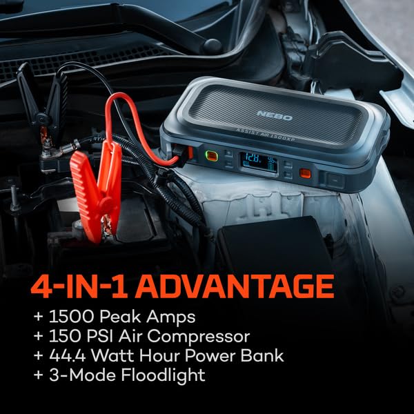 NEBO 1500XP Assist AIR Jump Starter and Air Compressor | 44.4Wh Power Supply Box Restarts 12V Battery Vehicles, 150 PSI Air Compressor Inflates Tires, Integrated Floodlight, USB Ports, TSA Approved
