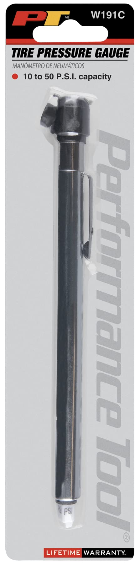 W191C Performance Tool Tire Pressure Gauge, 10-50 PSI, Chrome Plated Body with Metal Scale and Pocket Clip, Impact Resistant Head