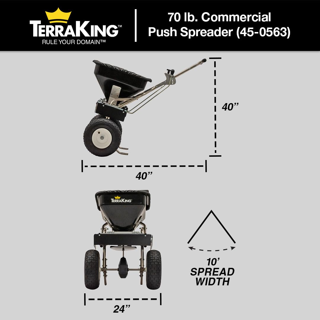 Commercial Push Spreader, 70 lb Capacity of Rock Salt, Ice melt, Fertilizer, Grass Seed, TerraKing