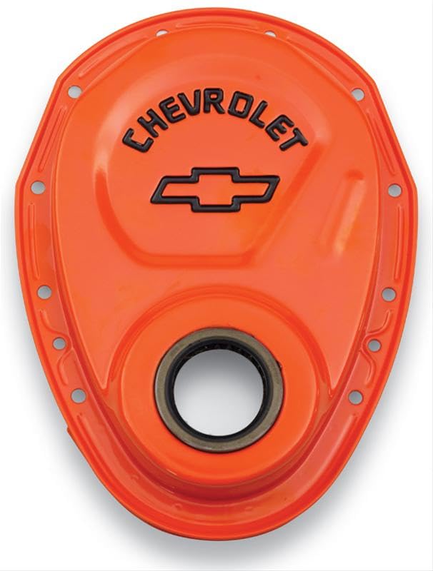 Proform 1-Piece Timing Cover, Seal Included, Chevrolet/Bowtie Logo, Steel, Orange Paint, compatible with Small Block Chevy, Each