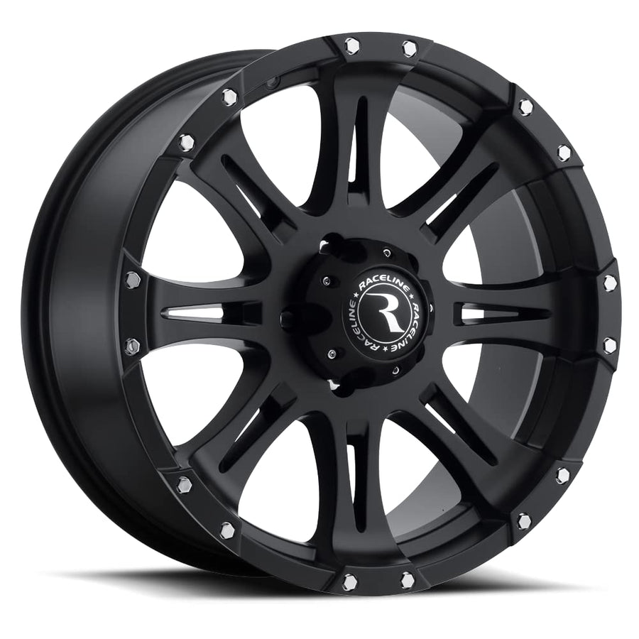 18X9"6X139.7 Raceline Wheels RAPTOR Wheel Black +25mm Offset/(6"B/S) 8 Spoke Aluminum Passenger Car Wheels, Full Size Replacement Black Car Rims