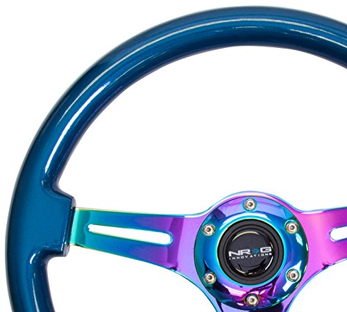 NRG Innovations Steering Wheel NRG-ST-015MC-BL - 350mm 25mm Deep Configuration, Classic Wood Grain Wheel, 3 Neochrome Spokes- Blue Pearl/Flake Paint