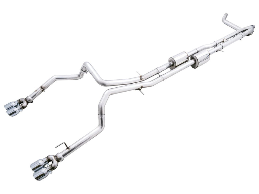 22-23 GMC Sierra 1500 AT4X AWE Tuning 6.2L 0FG Catback Split Dual (Flat Bumper) - Chrome Silver Tips - 3015-42284