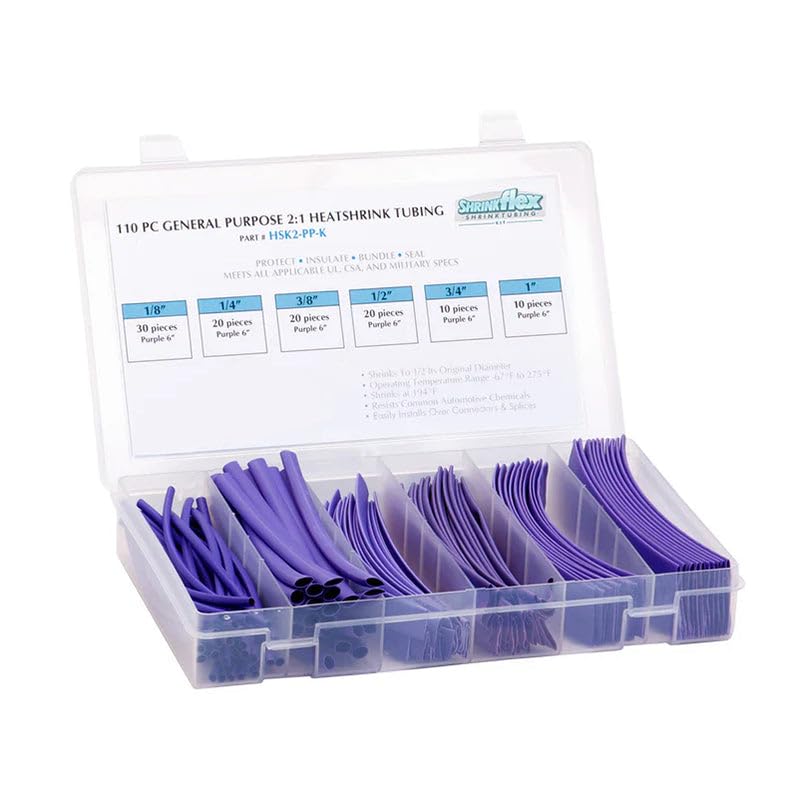 TUBING KIT: Shrink 110 PCS, 6" Lengths, 6 Sizes(1/8" to 1"), 2:1 Heat Shrink TUBING, Purple