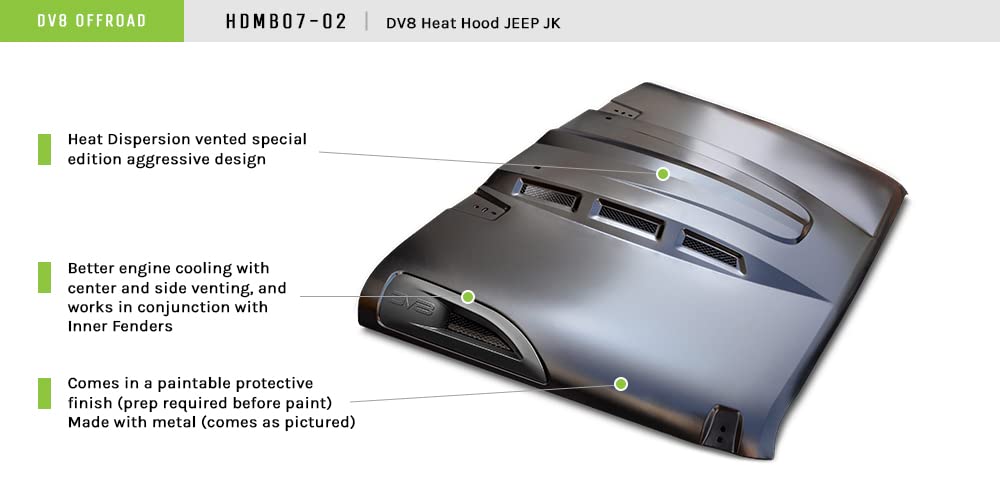 DV8 Offroad Heat Dispersion Hood fits Jeep Wrangler JK 2007-2018 | Raised and Vented Center Cowl | Dual-vented for Maximum Air Flow | Under-hood Insulation Included