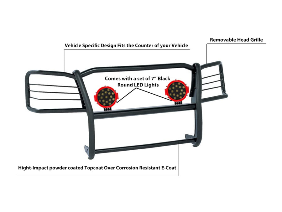Bumper Guard Black Horse Grille Brush Modular Black Come with Pair of 7.0" Dia.LED Lights with Red Trim Rings Compatible with 2001-2004 Toyota Tacoma-17TO23MA-PLR